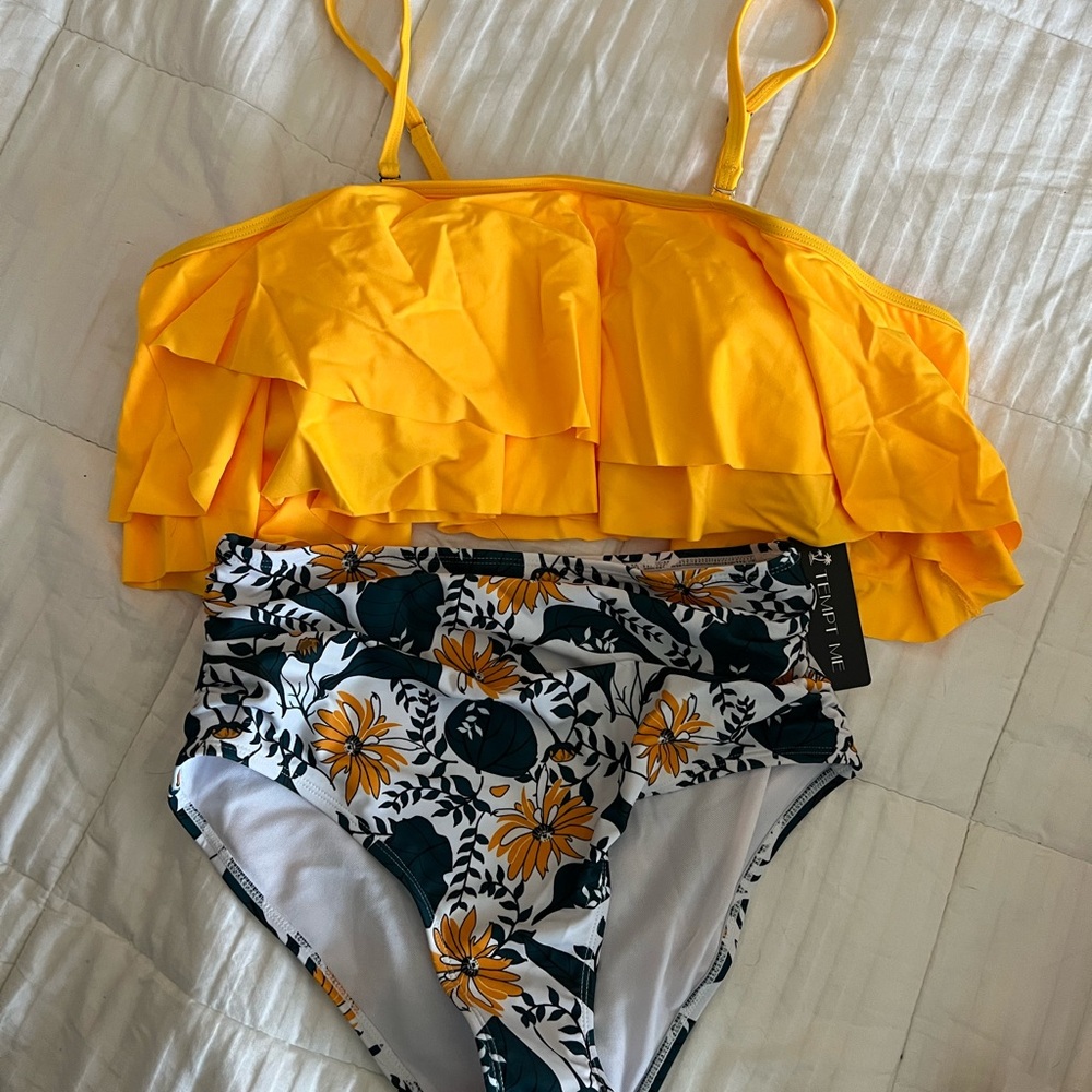 Yellow Ruffle Bikini Top with Floral High-Waisted Bottoms
